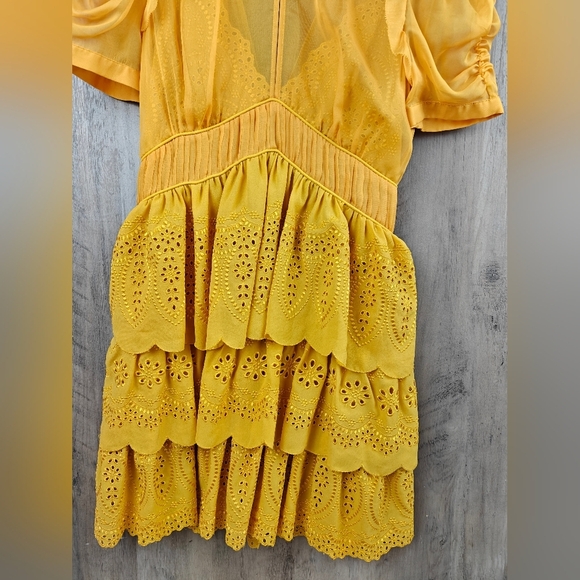Self-Portrait NWOT Embroidered Chiffon Tiered Mini Dress In Gold Yellow Size 4 - Picture 12 of 16